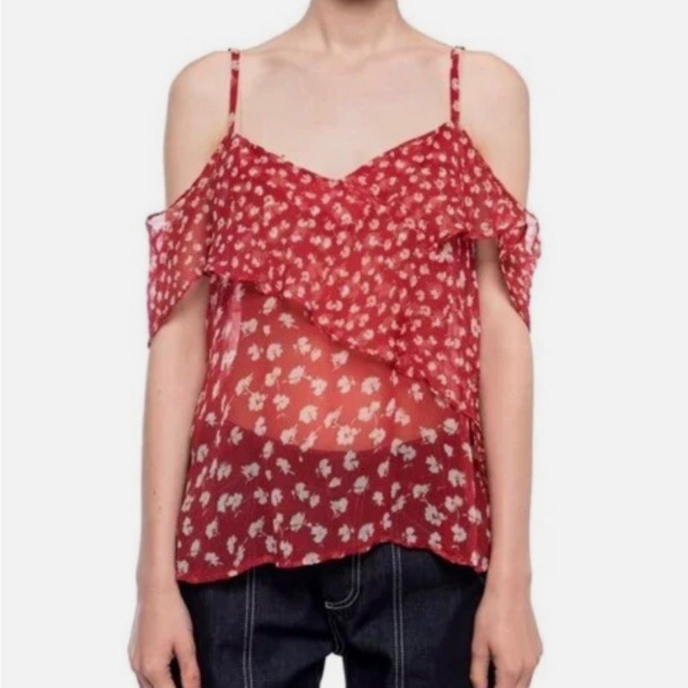 All Saints Off-Shoulder Semi Sheer Flowy Print Floral Women's Top